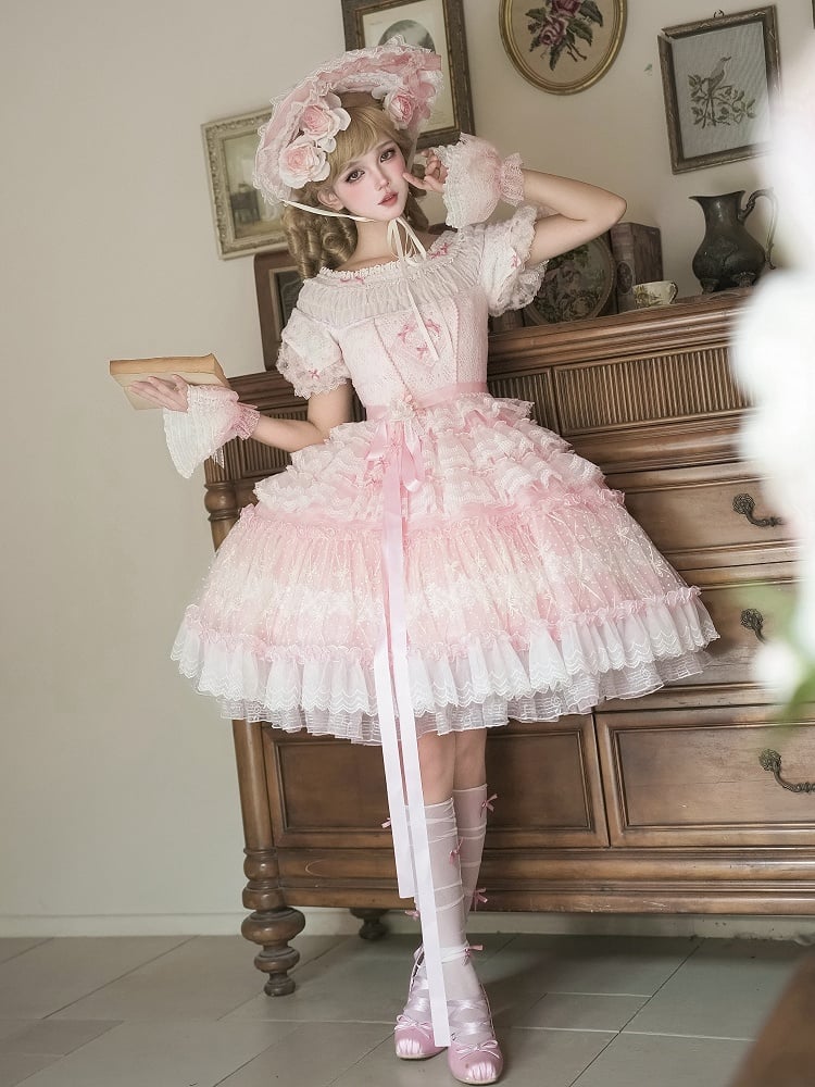 Pink Princess Puff Sleeves Musical Note Embroidery Lolita Hime Tulle Dress