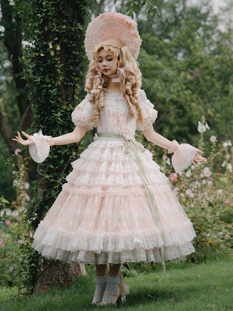 Pink Princess Puff Sleeves Musical Note Embroidery Lolita Hime Tulle Dress