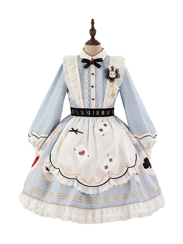 Alice in Wonderland Vibes Blue Sweet Lolita Dress with Poker Embroidery Apron and Big Bow Train