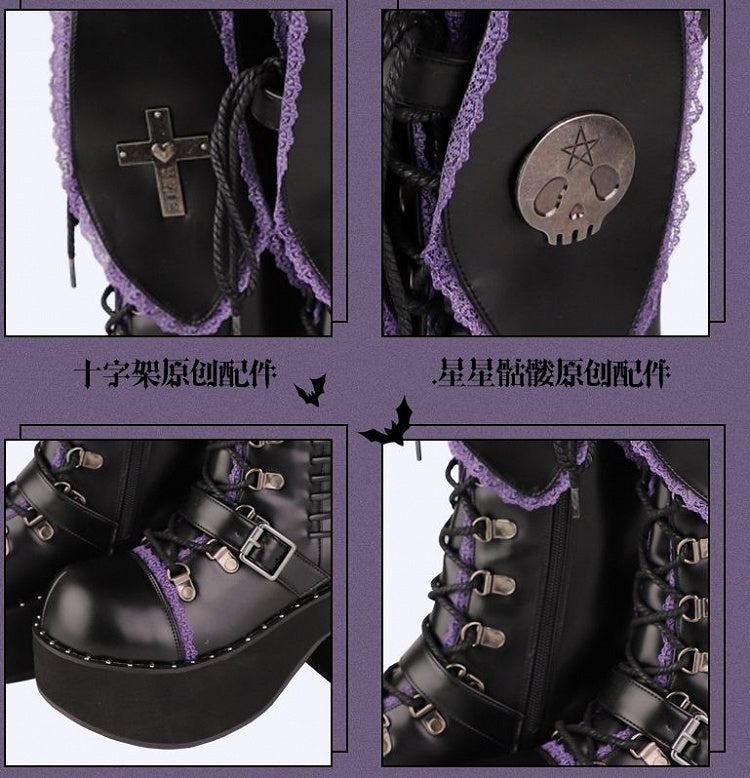Bad Bunny Lace Trim Bunny Ears Platform Boots Black&Purple PU Gothic Shoes