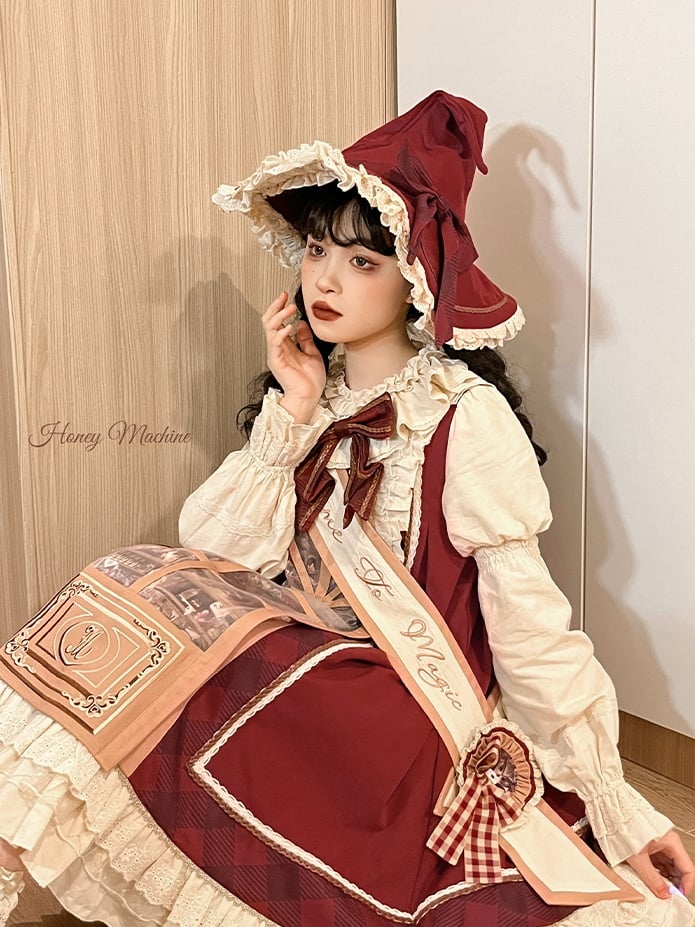 Red Plaid and Magic Cabinet Print Beige Long Sleeves Dress Sweet Lolita OP Full Set