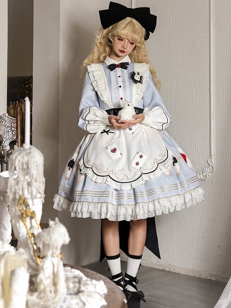 Alice in Wonderland Vibes Blue Sweet Lolita Dress with Poker Embroidery Apron and Big Bow Train