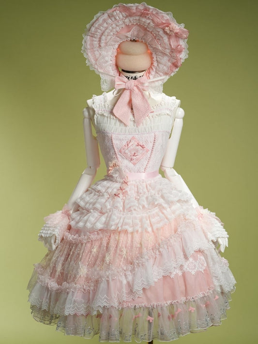 Pink Musical Note Embroidery Layered Tulle Skirt Princess Lolita Jumper Skirt