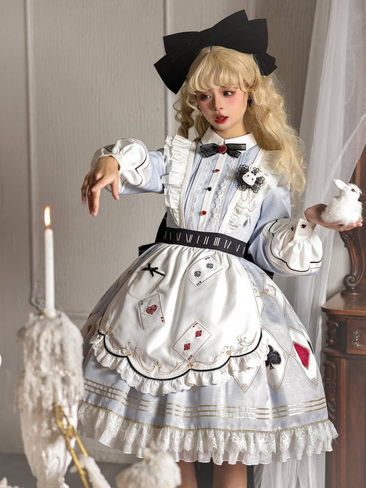 Alice in Wonderland Vibes Blue Sweet Lolita Dress with Poker Embroidery Apron and Big Bow Train
