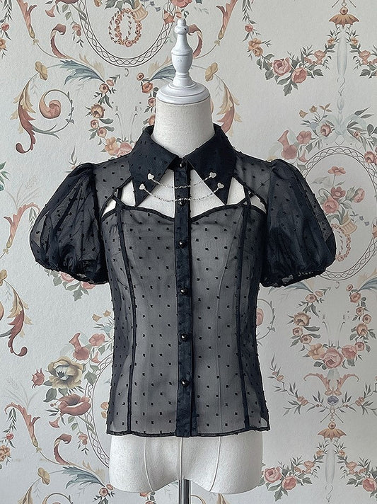 Black Fold-over Collar Short Puff Sleeves Sheer Lolita Shirt
