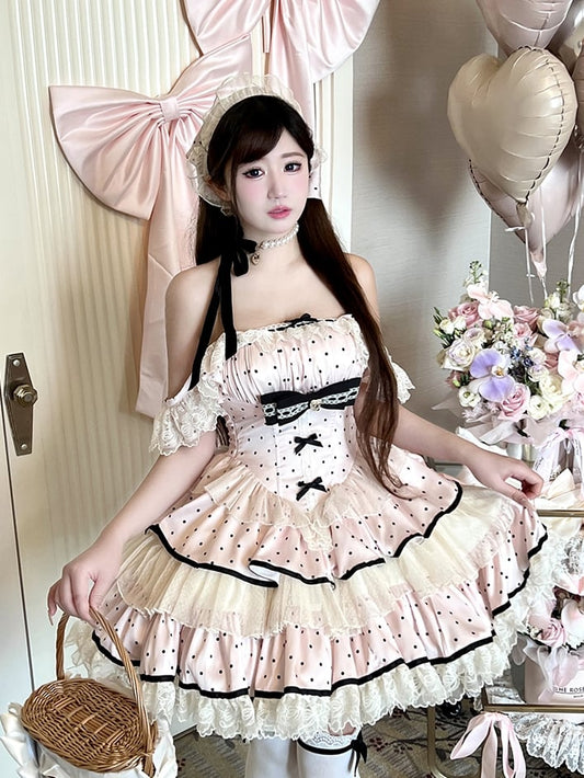 Black Polka Dots Pink Basque Waist Tiered Skirt Sweet Dress