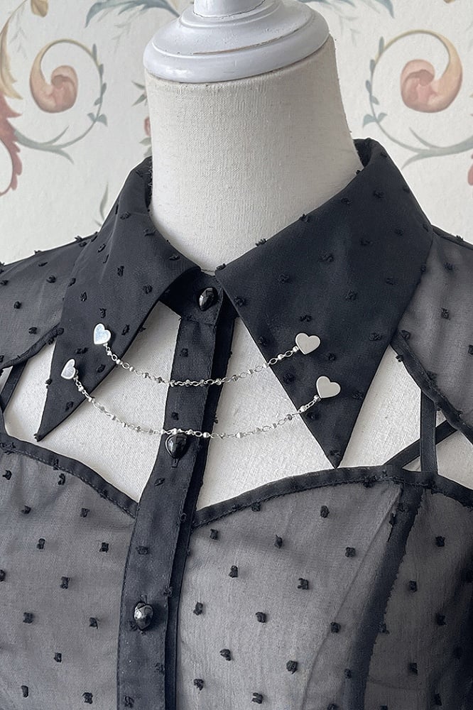Black Fold-over Collar Short Puff Sleeves Sheer Lolita Shirt