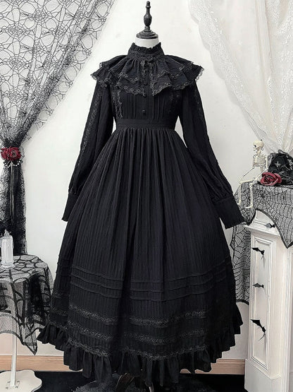 Black Gothic Kuro Lolita High Waist Long Sleeves Dress + Collar