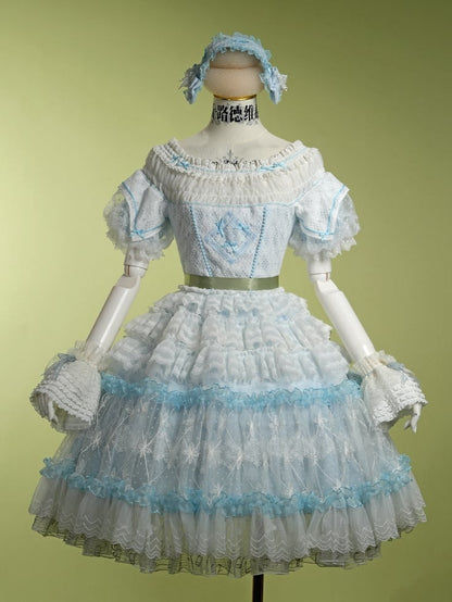 Blue Princess Puff Sleeves Musical Note Embroidery Lolita Hime Tulle Dress