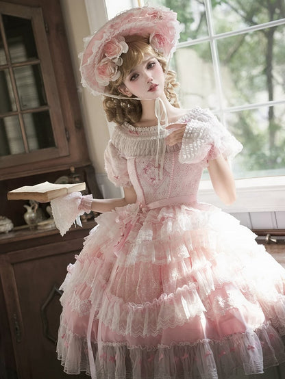 Pink Princess Puff Sleeves Musical Note Embroidery Lolita Hime Tulle Dress