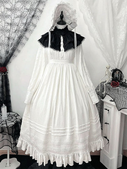 White Gothic Shiro Lolita High Waist Long Sleeves Dress + Collar