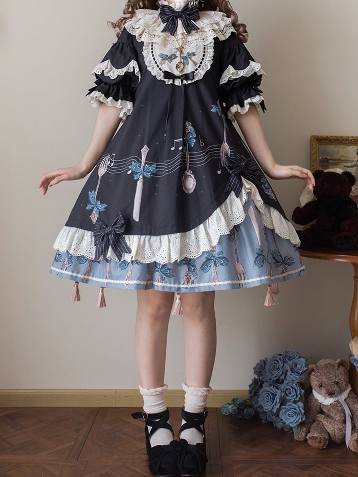 Staff and Musical Note Print Short Sleeves Lolita Dress Tassel Charms Hemline