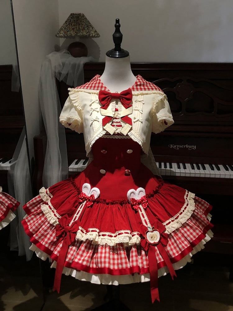Apple Red Slim Fit Dropped Waist Lolita Dress + Short Sleeves Cropped Top with Oversized Bunny Ears