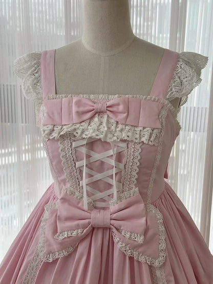 Pink Sweet Cotton Dress Bowknot High Waist Lolita Jumper Skirt