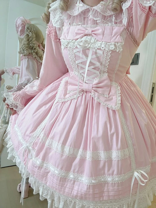 Pink Sweet Cotton Dress Bowknot High Waist Lolita Jumper Skirt
