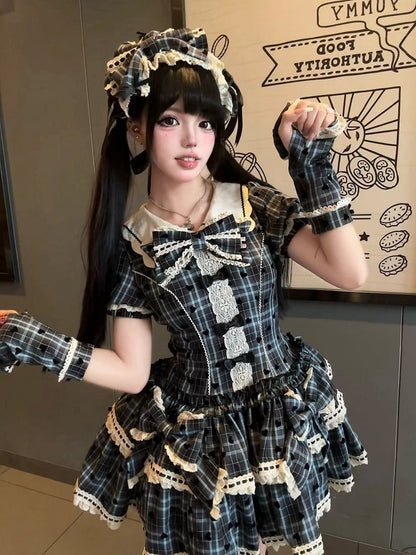 Blue Plaid and Heart Print Pattern Punk Lolita Short Sleeves Dress + Bloomers