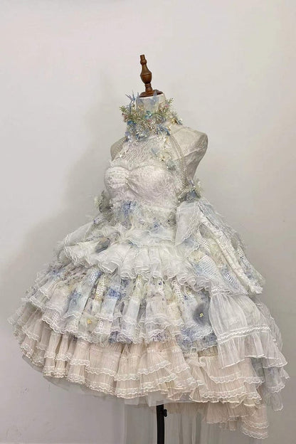 Clearance-Size XXXL for Bust 102CM Spring Flowers Halter Neck Tiered Flounce Skirt Hanayome Lolita Dress Set