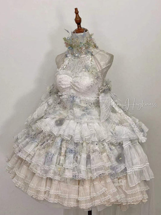 Clearance-Size XXXL for Bust 102CM Spring Flowers Halter Neck Tiered Flounce Skirt Hanayome Lolita Dress Set