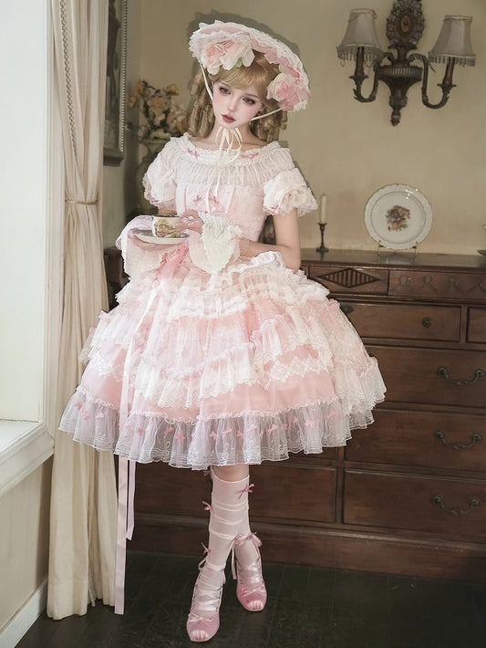 Pink Princess Puff Sleeves Musical Note Embroidery Lolita Hime Tulle Dress