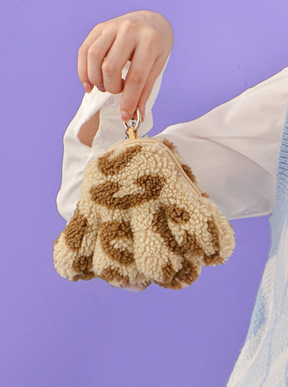 Cute Plush Brown Leopard Paw Design Coin Purse Steel Ball Chain Classic Lolita Shoulder Messenger Bag