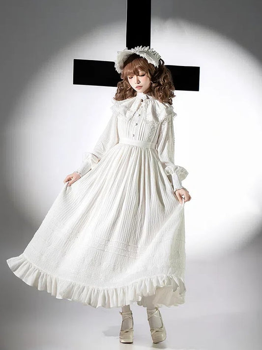 White Gothic Shiro Lolita High Waist Long Sleeves Dress + Collar