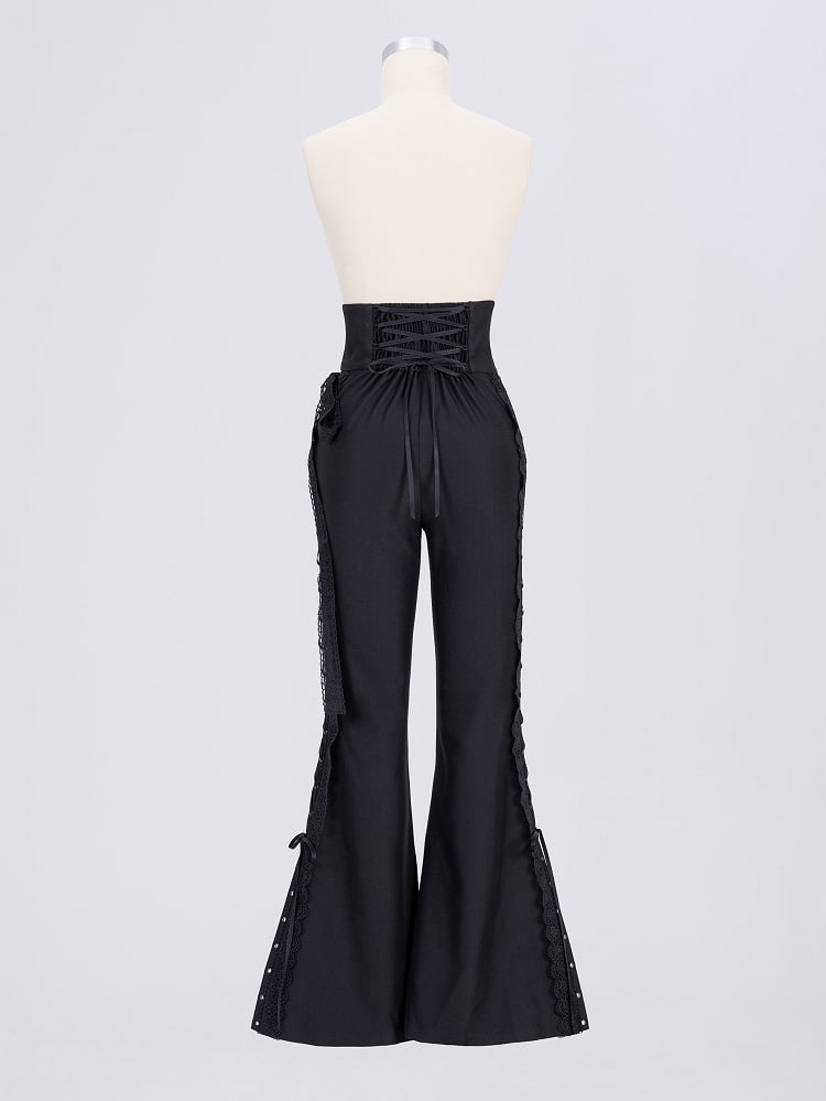 Boned High-Waisted Side-Tie Lace Flared Pants – Black Elegance