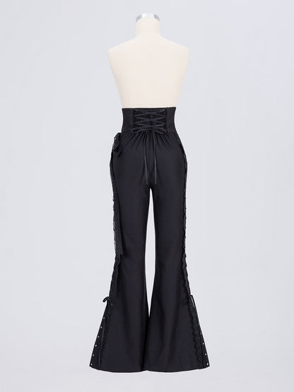Boned High-Waisted Side-Tie Lace Flared Pants – Black Elegance