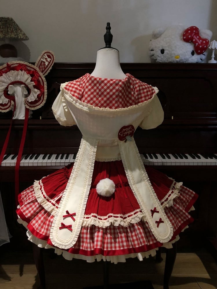 Apple Red Slim Fit Dropped Waist Lolita Dress + Short Sleeves Cropped Top with Oversized Bunny Ears