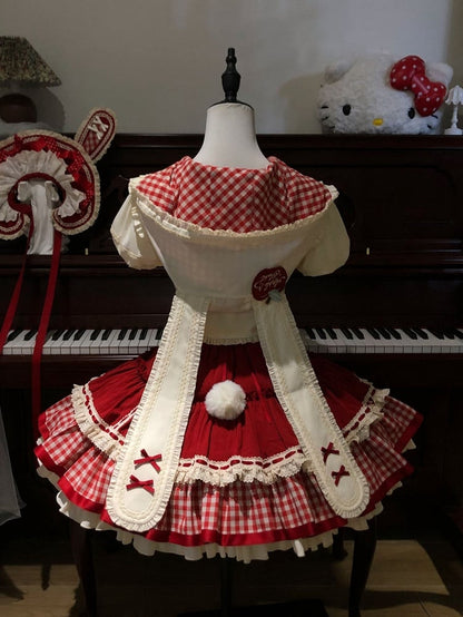 Apple Red Slim Fit Dropped Waist Lolita Dress + Short Sleeves Cropped Top with Oversized Bunny Ears
