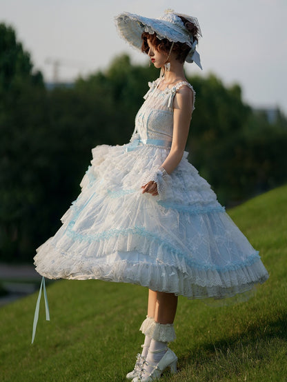 Blue Musical Note Embroidery Layered Tulle Skirt Princess Lolita Jumper Skirt