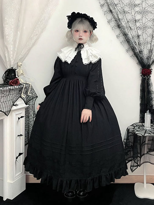 Black Gothic Kuro Lolita High Waist Long Sleeves Dress + Collar