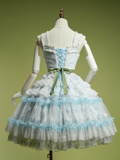 Blue Musical Note Embroidery Layered Tulle Skirt Princess Lolita Jumper Skirt