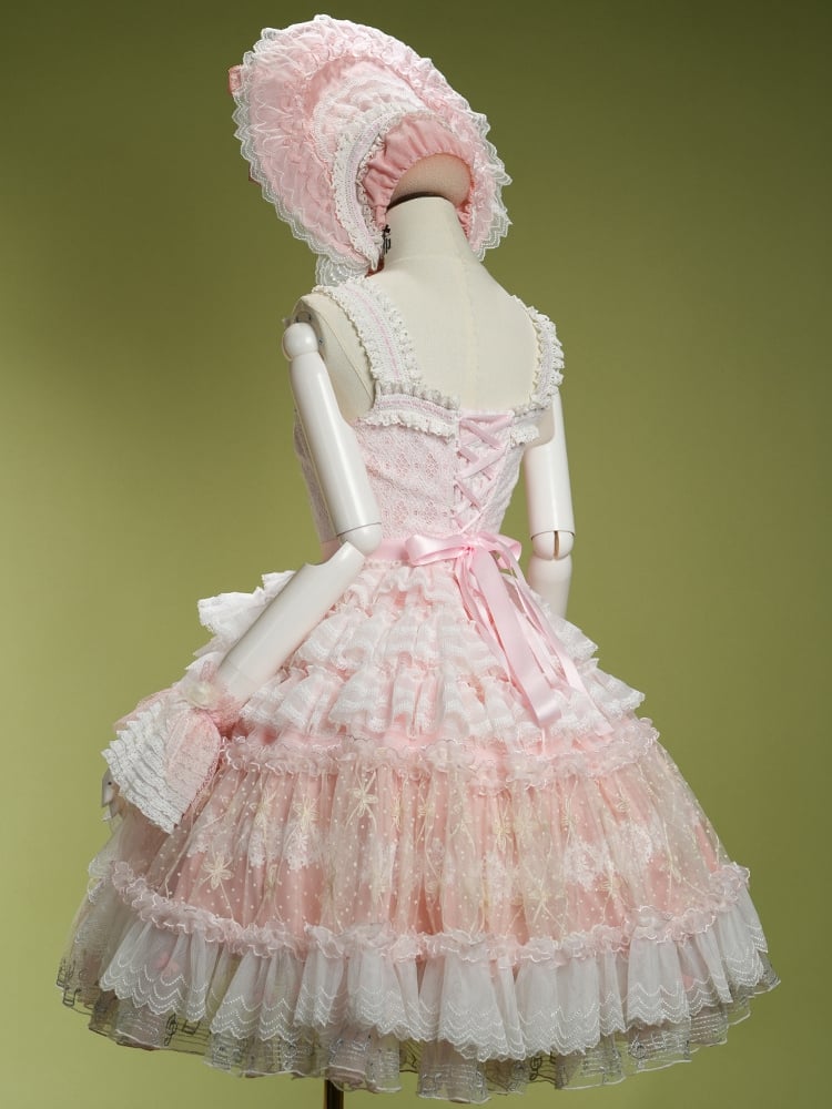 Pink Musical Note Embroidery Layered Tulle Skirt Princess Lolita Jumper Skirt