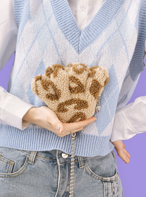 Cute Plush Brown Leopard Paw Design Coin Purse Steel Ball Chain Classic Lolita Shoulder Messenger Bag