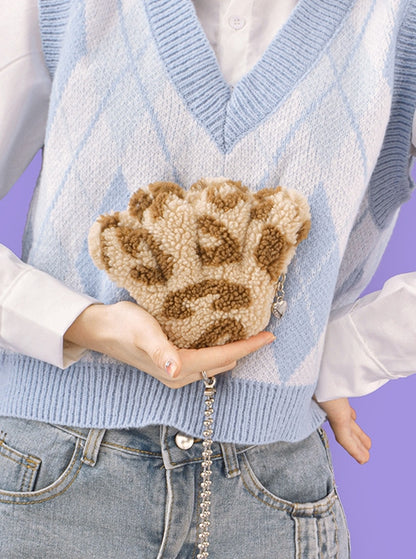 Cute Plush Brown Leopard Paw Design Coin Purse Steel Ball Chain Classic Lolita Shoulder Messenger Bag