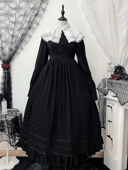 Black Gothic Kuro Lolita High Waist Long Sleeves Dress + Collar