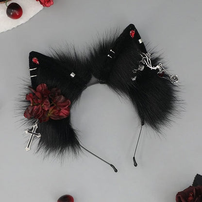 Black&White/All Black Punk Lolita Floral Design Cross Charm Shaggy Kitty Ear KC