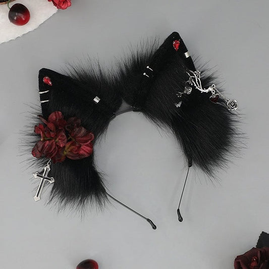 Black&White/All Black Punk Lolita Floral Design Cross Charm Shaggy Kitty Ear KC