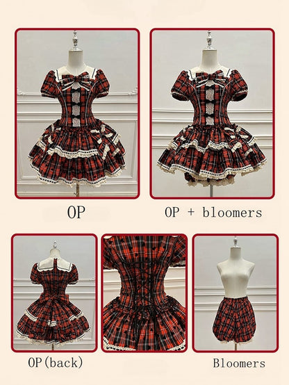 Red Plaid and Heart Print Pattern Punk Lolita Short Sleeves Dress + Bloomers