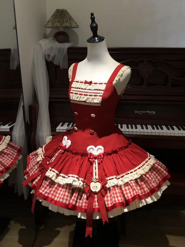 Apple Red Slim Fit Dropped Waist Lolita Dress + Short Sleeves Cropped Top with Oversized Bunny Ears