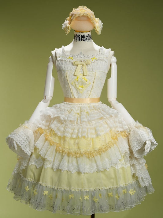 Yellow Musical Note Embroidery Layered Tulle Skirt Princess Lolita Jumper Skirt