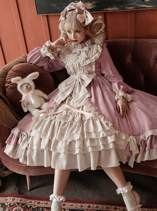 Cream Tower Series OP Stand Collar Ruffle Big Hem Classic Lolita Grace Long-Sleeved Dress
