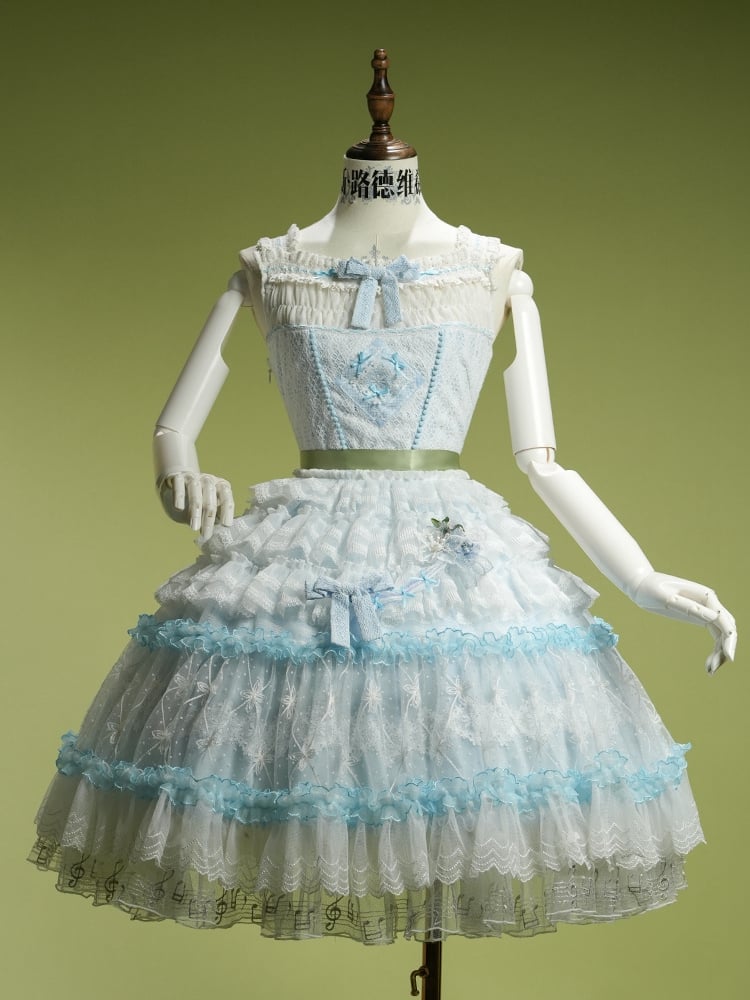 Blue Musical Note Embroidery Layered Tulle Skirt Princess Lolita Jumper Skirt