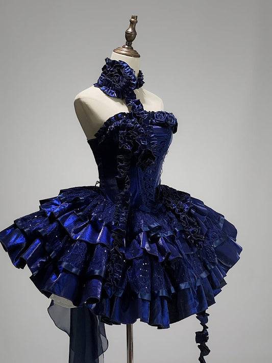 Klein Blue Roses Neckline Lolita Goth Boning Dress Sequins Tiered Puffy Dress