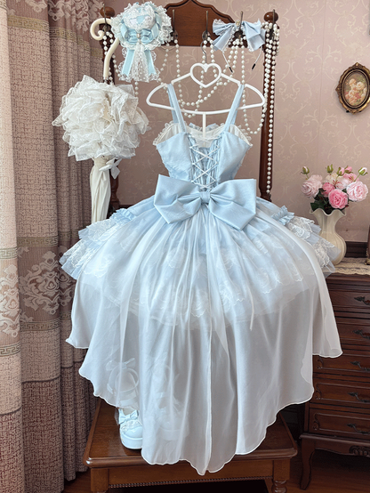 Blue and White Lace-up Boned Waist Layered Lace Hem Balletcore Sweet Lolita Jumper Skirt with Big Bow Train