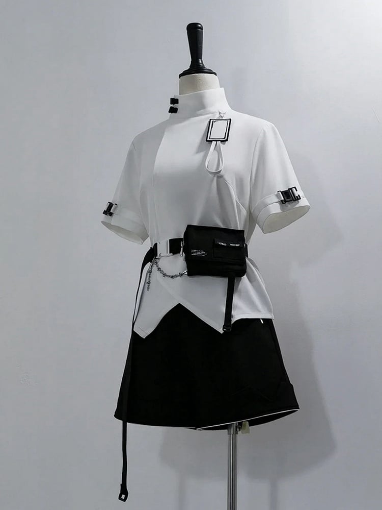 Black Cyberpunk Techwear Buckle Belt with Waist Bag