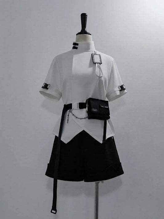 Black Cyberpunk Techwear Buckle Belt with Waist Bag