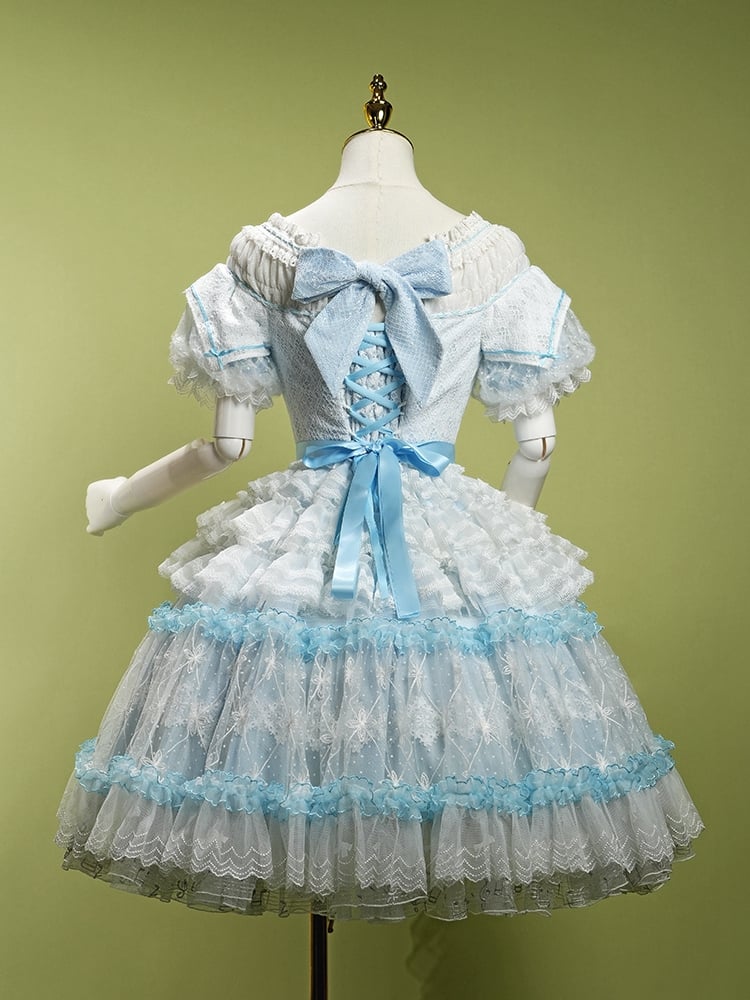 Blue Princess Puff Sleeves Musical Note Embroidery Lolita Hime Tulle Dress
