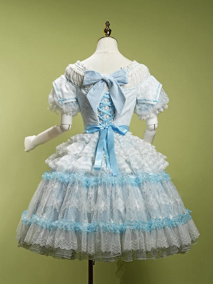 Blue Princess Puff Sleeves Musical Note Embroidery Lolita Hime Tulle Dress