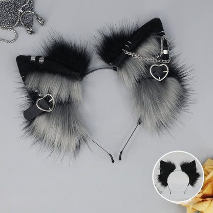 Black&White/Gray/Red Punk Lolita Heart Buckle Details Shaggy Kitty Ear KC
